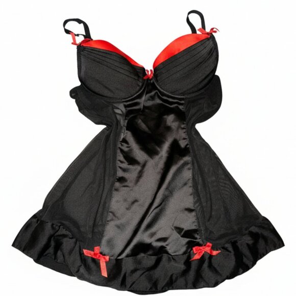 Rampage Black and Red Satin Babydoll Lingerie with Underwire Cups & Sheer Panels - Picture 1 of 4